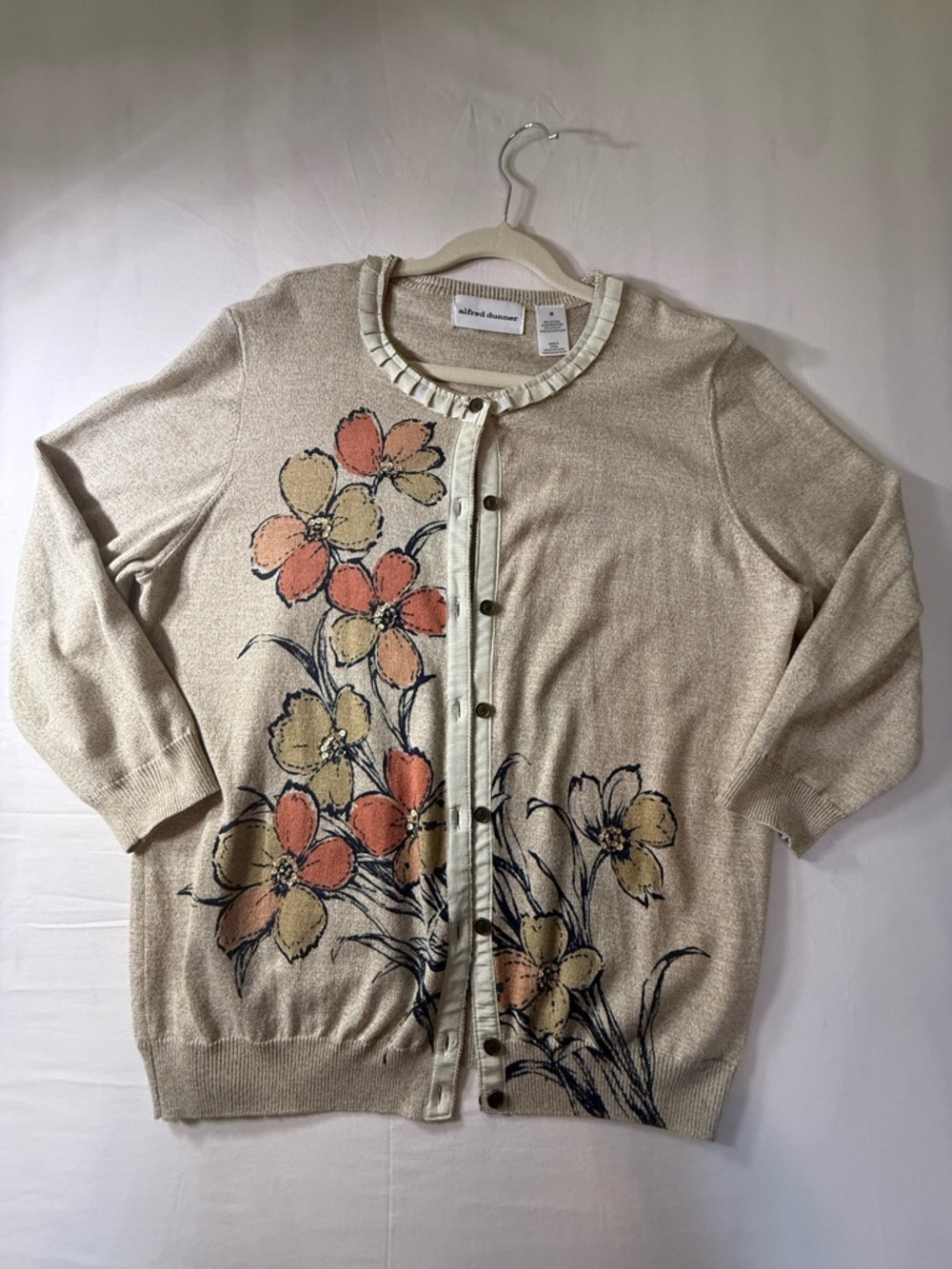 Alfred Dunner Cream Cardigan with Coral and Yellow Floral Print